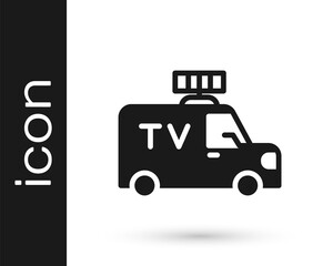 Black TV News car with equipment on the roof icon isolated on white background. Vector.