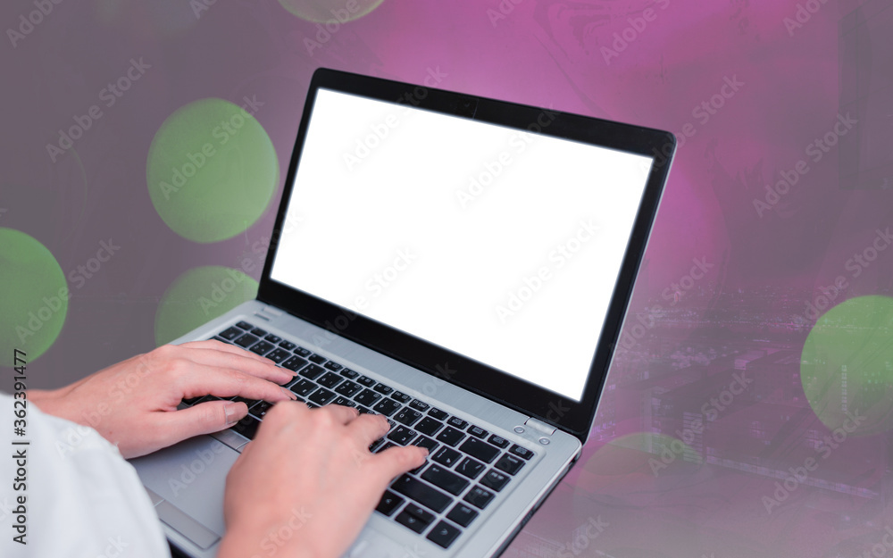 Poster modern gadgets with white display screen under colorful bokeh background