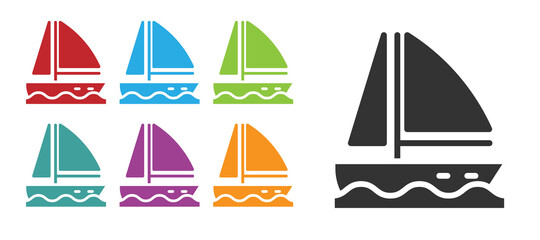 Black Yacht sailboat or sailing ship icon isolated on white background. Sail boat marine cruise travel. Set icons colorful. Vector.