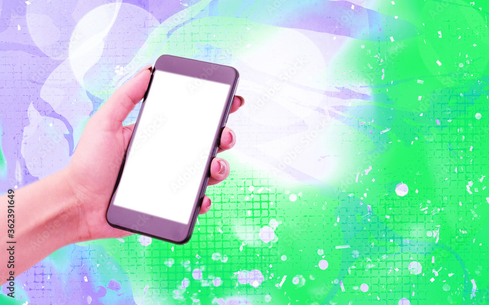 Poster modern gadgets with white display screen under colorful bokeh background