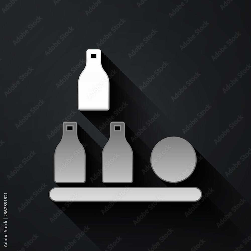 Sticker silver bottles ball icon isolated on black background. long shadow style. vector.