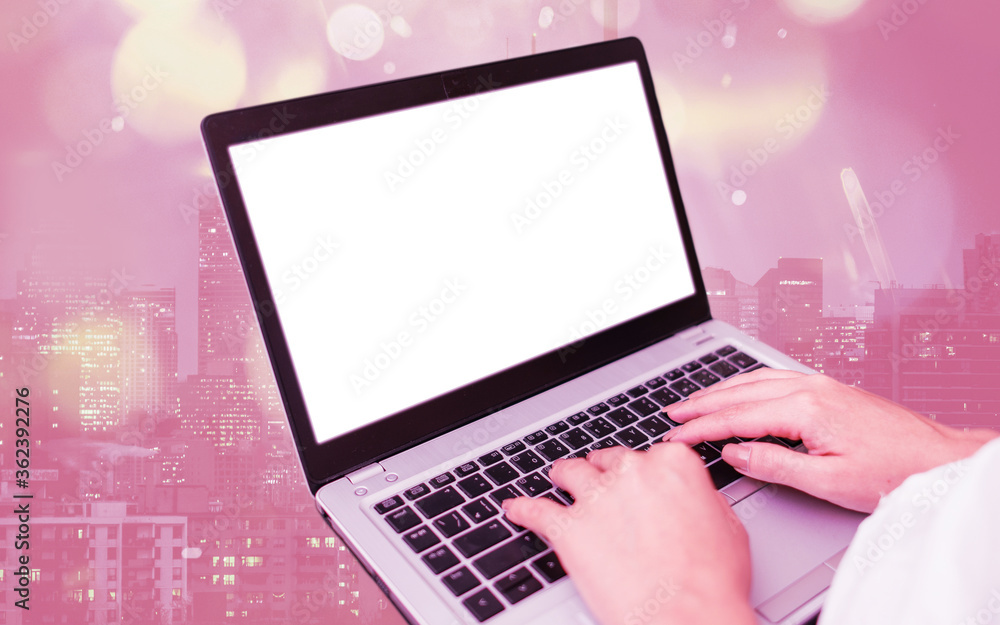 Poster modern gadgets with white display screen under colorful bokeh background