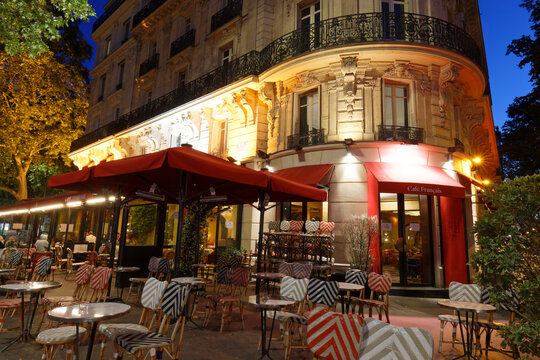 PARIS - June 29 , 2020 : The traditional French cafe located at Bastille square , Paris, France .