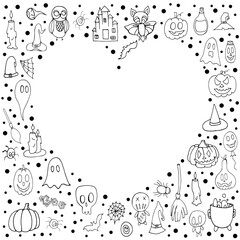 Halloween. Set with elements for Halloween. Doodle style.  Printing on posters. Autumn set for Halloween. Bat,Potion, pumpkins, dolls, balloon, candles, spider web, broom on a white background.