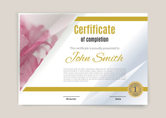 Official white certificate with pink realistic lilies photo. Modern blank with gold emblem. Vector illustration.