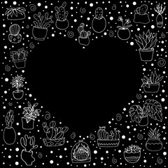 Set with houseplants. Cacti, Monstera in pots.  Vector isolated illustration with houseplants.  Printing on paper, fabrics, dishes, pillows, clothing. Flower. Doodle style. Potted flower. 