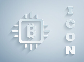 Paper cut CPU mining farm icon isolated on grey background. Bitcoin sign inside processor. Cryptocurrency mining community. Digital money. Paper art style. Vector.