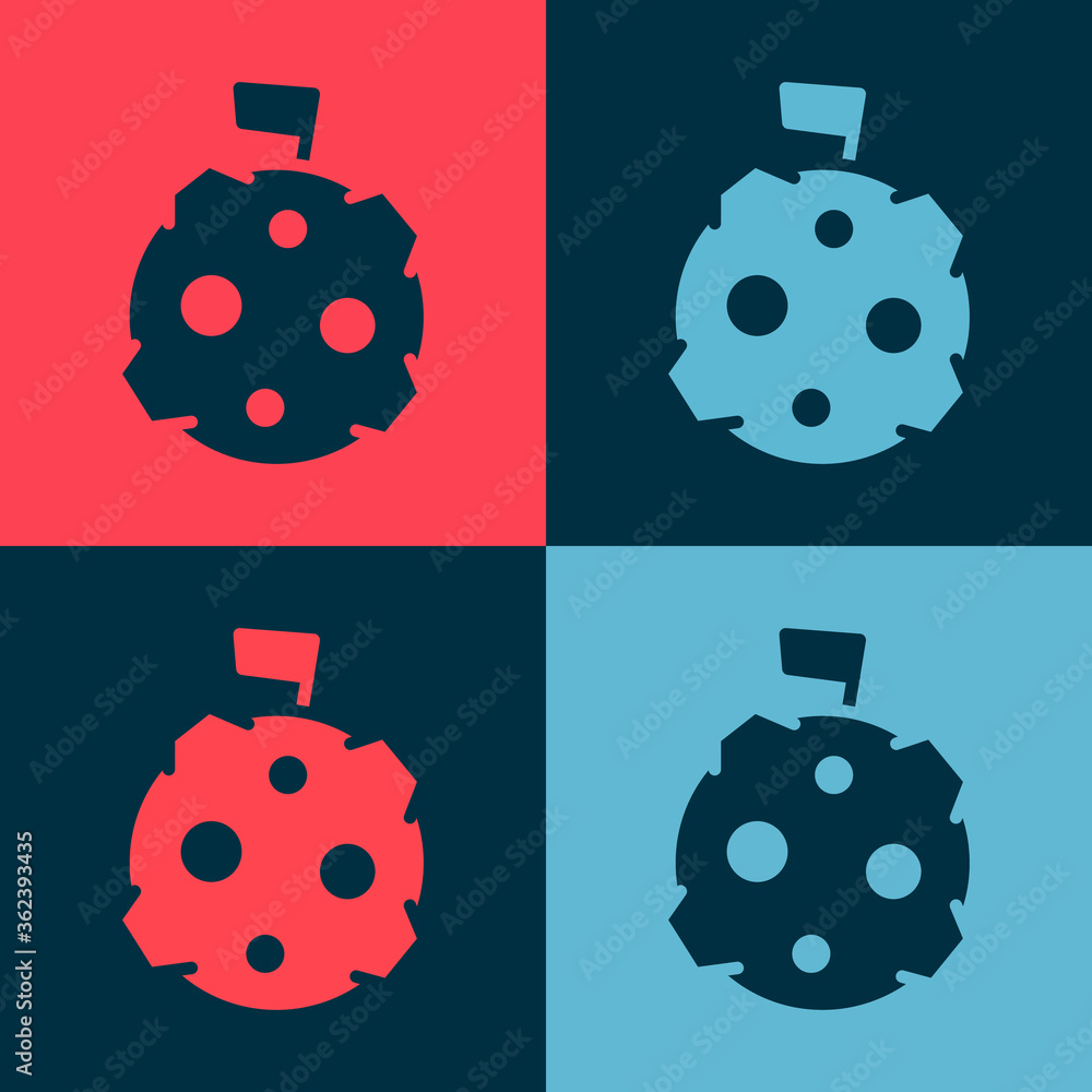Poster pop art moon with flag icon isolated on color background. vector.