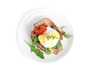Fresh delicious egg Benedict isolated on white, top  view