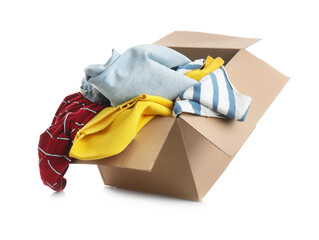Cardboard box with clothes isolated on white