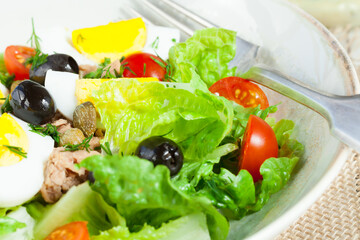 Chef's salad with tuna fish, black olives and egg in caper-mayonaisse sauce.