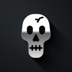 Silver Skull icon isolated on black background. Happy Halloween party. Long shadow style. Vector.
