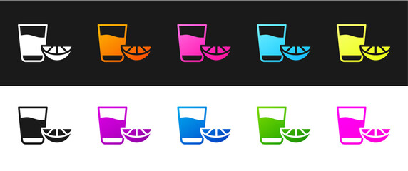 Set Tequila glass with lemon icon isolated on black and white background. Mexican alcohol drink. Vector.