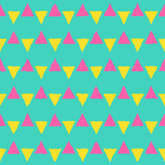 Yellow and pink triangles seamless pattern on a bright turquoise background. Trendy geometric pattern in flat style