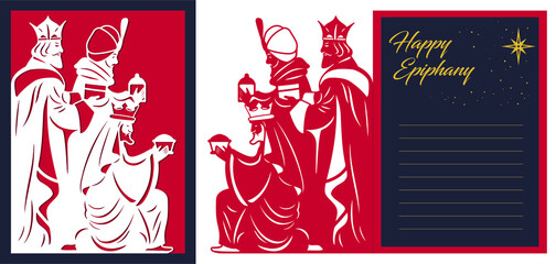 Fototapeta premium Laser cutting navity template. Three wise men manger card design. 3 magic kings bringing gifts to Jesus. Die cut art design. Happy Epiphany day card. Vector illustration.