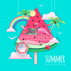 Slice of watermelon with sea or osean landscape and flamingo inside. Summer beach background. Cut out paper art style design. Origami © annbozhko
