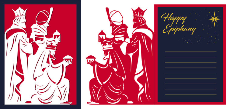 Laser cutting navity template. Three wise men manger card design. 3 magic kings bringing gifts to Jesus. Die cut art design. Happy Epiphany day card. Vector illustration.