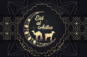 Luxury Eid al Adha gold color and black background with camel and sheep. Vector illustration.