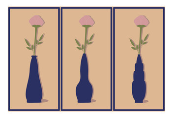 Triptych. Rose in blue vase. Vector illustration