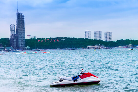 Jet ski floating on blue sea is tourist activities  in pattay city, thailand