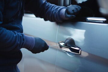 Thief break into a car with a screwdriver.