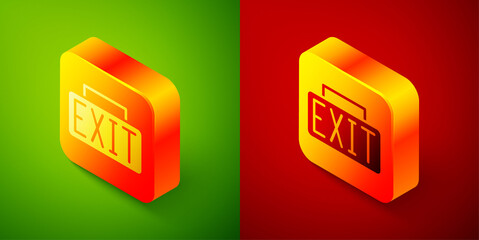 Isometric Exit icon isolated on green and red background. Fire emergency icon. Square button. Vector.