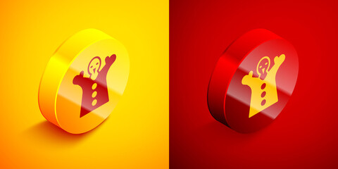 Isometric Toy puppet doll on hand icon isolated on orange and red background. Circle button. Vector.