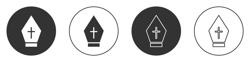 Fototapeta premium Black Pope hat icon isolated on white background. Christian hat sign. Circle button. Vector.