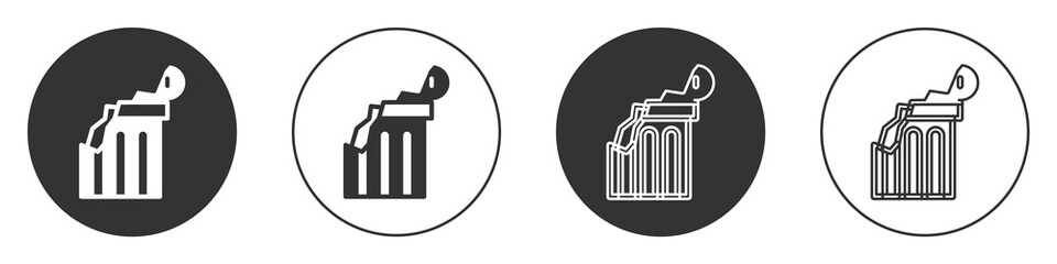 Black Broken ancient column icon isolated on white background. Circle button. Vector.