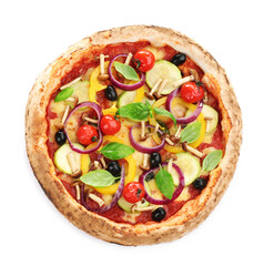 Delicious hot vegetable pizza on white background, top view