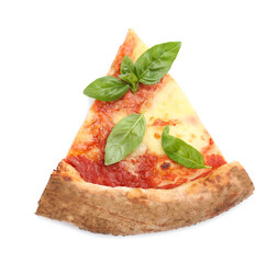 Slice of delicious pizza isolated on white, top view