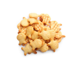 Delicious crispy goldfish crackers on white background, top view