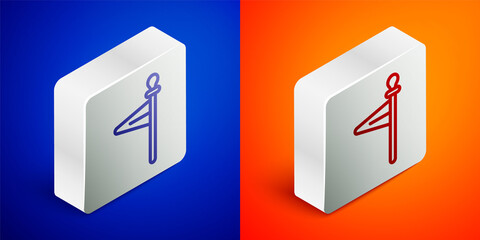 Isometric line Medieval flag icon isolated on blue and orange background. Country, state, or territory ruled by a king or queen. Silver square button. Vector.