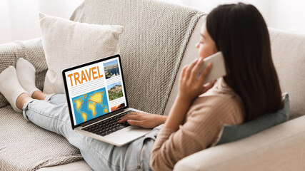 Asian woman planning vacation travel with laptop and cellphone at home, collage