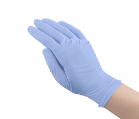 Blue surgical medical gloves isolated on white background with hands. Rubber glove manufacturing, human hand is wearing a latex glove. Doctor or nurse putting on nitrile protective gloves