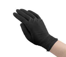 Black surgical medical gloves isolated on white background with hands. Rubber glove manufacturing,...