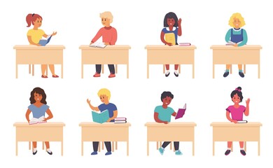 Children reading in school. Cartoon cute school kids and students sitting at the desk and studying. Vector illustration school boys and girls learning with books, study at the table