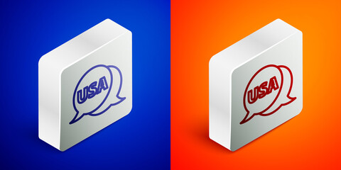 Isometric line USA label icon isolated on blue and orange background. United States of America. Silver square button. Vector.