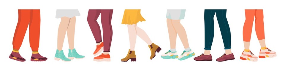Shoes on legs. Cartoon sport and fashion wear on foot, female and male legs with sneakers and socks. Vector illustration hand drawn set stylish boots and other shoe