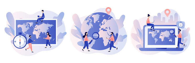 Geography concept. World map. Globalisation. Tiny people study atlas Earth. Modern flat cartoon style. Vector illustration on white background © Marta Sher