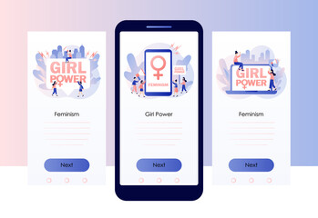 Girl power and feminism concept. Tiny women with banner, posters and megaphons. Female gender symbol. Screen template for mobile smart phone. Modern flat cartoon style. Vector illustration