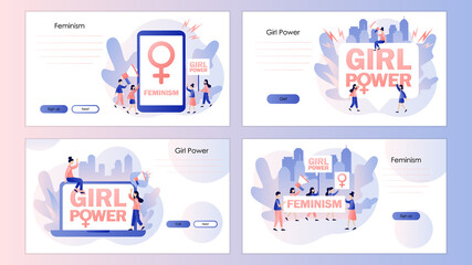 Girl power and feminism concept. Tiny women feminists. Screen template for mobile smart phone, landing page, template, ui, web, mobile app, poster, banner, flyer. Modern flat cartoon style. Vector