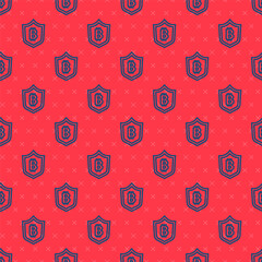 Blue line Shield with bitcoin icon isolated seamless pattern on red background. Cryptocurrency mining, blockchain technology, security, protect, digital money. Vector.