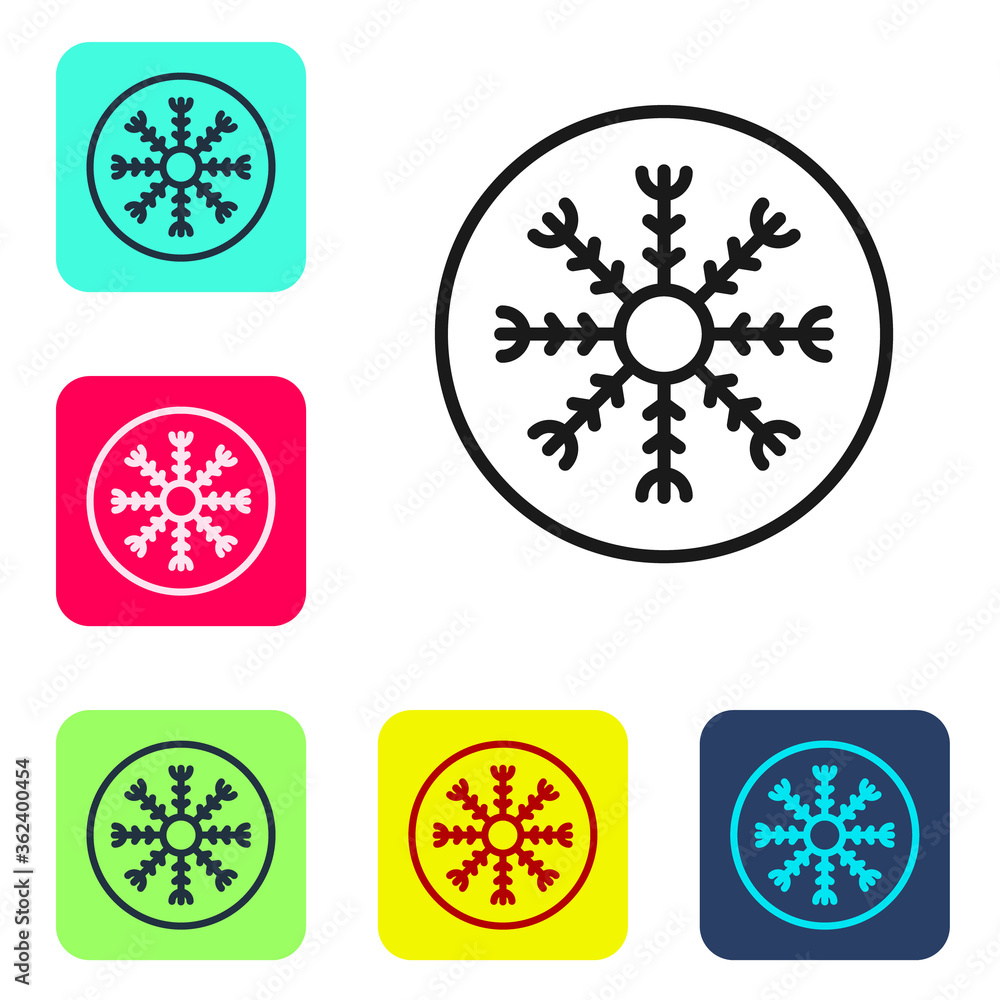 Poster black line snowflake icon isolated on white background. set icons in color square buttons. vector.