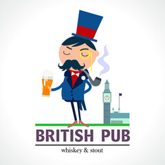 British pub label, gentleman Pub sign. Victorian Gentleman in a suit with a beer glass. Cartoon Character Icon Stylish English City Background. Poster, menu cover, sign