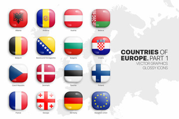 European Countries Flags Vector 3D Glossy Icons Set Isolated On White Background Part 1. Official National Flags Of Europe Square Vivid Bright Color Bulging Convex Buttons Collection On Light Backdrop