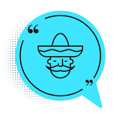 Black line Mexican man wearing sombrero icon isolated on white background. Hispanic man with a mustache. Blue speech bubble symbol. Vector.