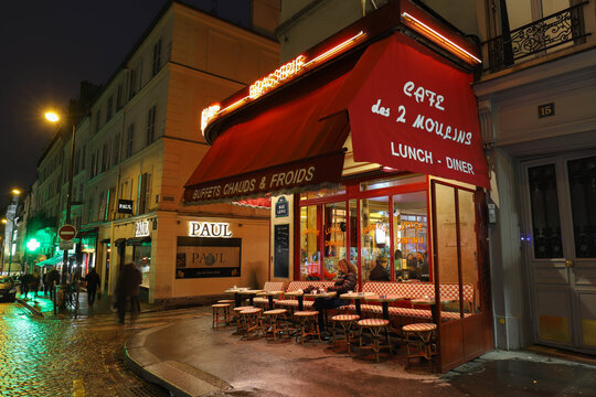 Paris, France-March 06,2019 : The Cafe des 2 Moulins French for Two Windmills is a traditional French cafe in the Montmartre district, Paris, France.
