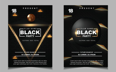 Night party music layout poster design template background with elegant black and light gold style. Luxury cover electro style vector for concert disco, club party, event flyer,  invitation nightclub