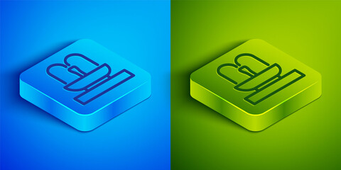 Isometric line Fountain icon isolated on blue and green background. Square button. Vector.